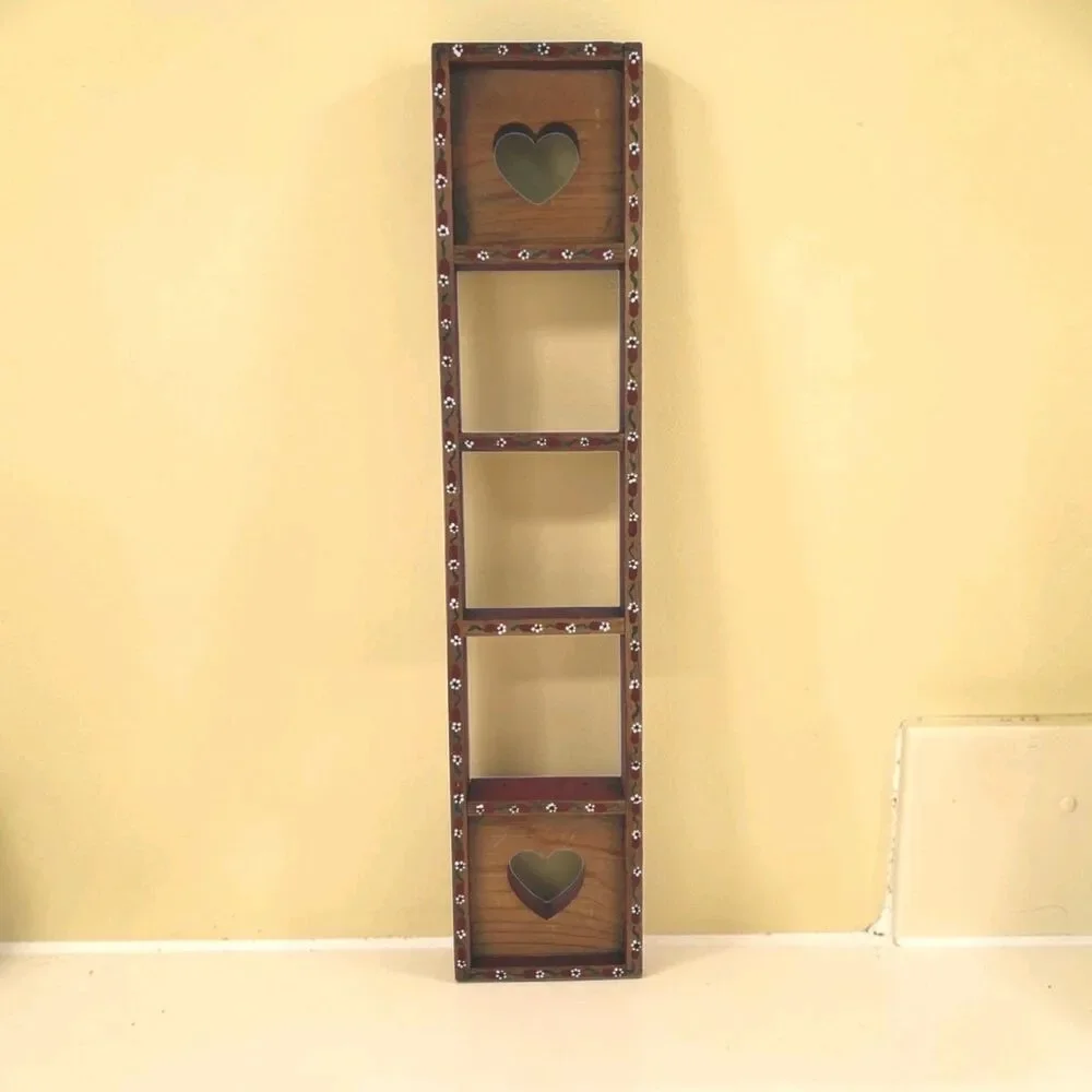 Wood Wall Mounted Trinket Curio Shelf Hand Painted Heart Cutouts 17 x 3.75
